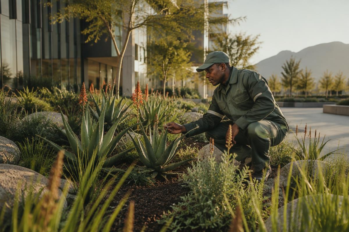 Grounds professional caring for indigenous landscaping at a commercial property